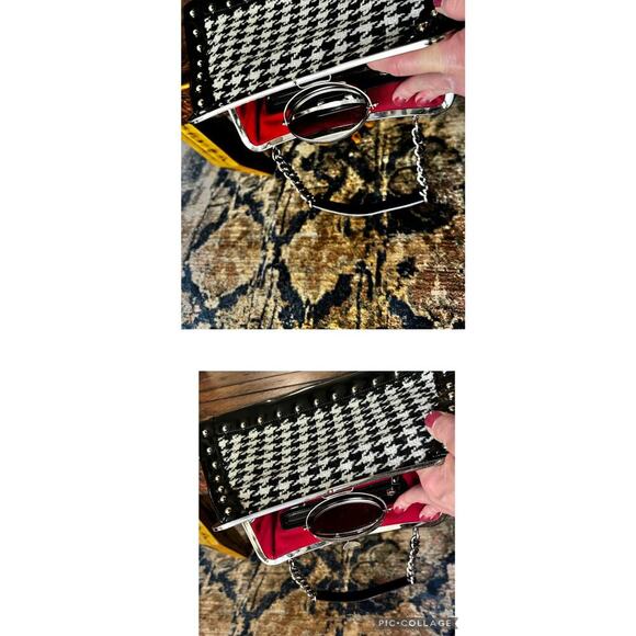 Vintage RARE Trina Turk Black & White Hounds tooth Metal Frame Studded Purse/Bag - Picture 12 of 17